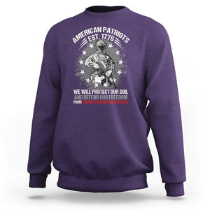 American Patriotic Sweatshirt We Will Protect Our Soil And Defend Our Freedom Est 1776 US Warriors TS02 Purple Print Your Wear