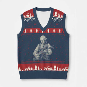 George Washington Rock Star Portrait V-Neck Knit Sweater Vest Funny Electric Guitar Player Founding Father Patriotic Graphic