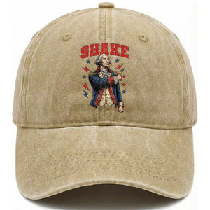 Shake Funny George Washington Patriotic Graphic Matching Washed Cotton Baseball Cap Vintage Founding Father Distressed Stars and Lightning Bolts Dynamic Duo