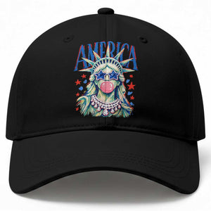 America Statue of Liberty Blowing Bubblegum Baseball Cap Star and Glasses Patriotic Summer Vibes Graphic