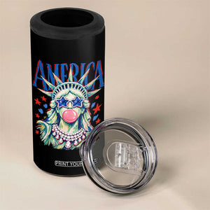 America Statue of Liberty Blowing Bubblegum 4 in 1 Can Cooler Tumbler Star and Glasses Patriotic Summer Vibes Graphic