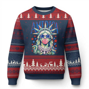 America Statue of Liberty Blowing Bubblegum Ugly Christmas Sweater Star and Glasses Patriotic Summer Vibes Graphic