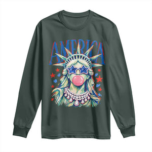 America Statue of Liberty Blowing Bubblegum Long Sleeve Shirt Star and Glasses Patriotic Summer Vibes Graphic