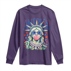 America Statue of Liberty Blowing Bubblegum Long Sleeve Shirt Star and Glasses Patriotic Summer Vibes Graphic
