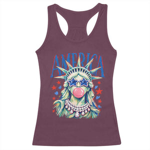 America Statue of Liberty Blowing Bubblegum Racerback Tank Top Star and Glasses Patriotic Summer Vibes Graphic