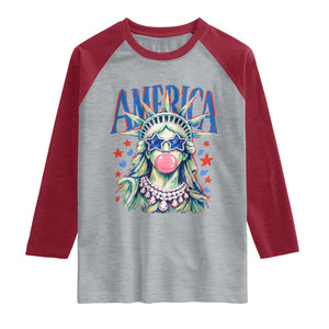America Statue of Liberty Blowing Bubblegum Raglan Shirt Star and Glasses Patriotic Summer Vibes Graphic