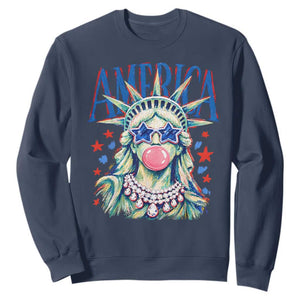 America Statue of Liberty Blowing Bubblegum Sweatshirt Star and Glasses Patriotic Summer Vibes Graphic