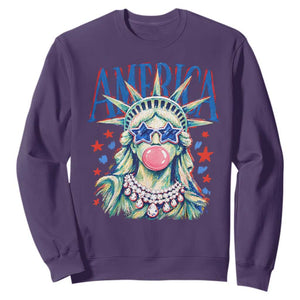 America Statue of Liberty Blowing Bubblegum Sweatshirt Star and Glasses Patriotic Summer Vibes Graphic