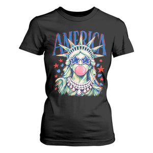 America Statue of Liberty Blowing Bubblegum T Shirt For Women Star and Glasses Patriotic Summer Vibes Graphic