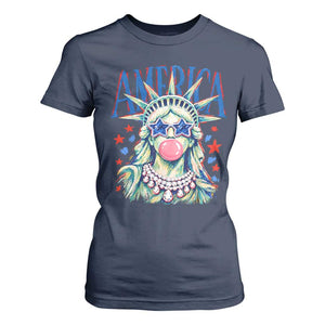 America Statue of Liberty Blowing Bubblegum T Shirt For Women Star and Glasses Patriotic Summer Vibes Graphic