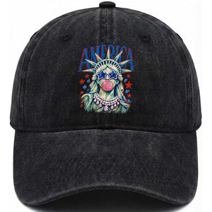 America Statue of Liberty Blowing Bubblegum Washed Cotton Baseball Cap Star and Glasses Patriotic Summer Vibes Graphic