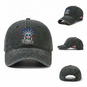 America Statue of Liberty Blowing Bubblegum Washed Cotton Baseball Cap Star and Glasses Patriotic Summer Vibes Graphic