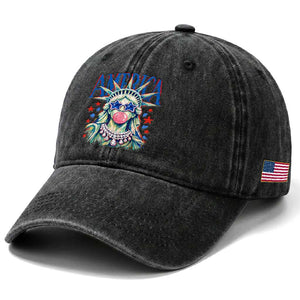 America Statue of Liberty Blowing Bubblegum Washed Cotton Baseball Cap Star and Glasses Patriotic Summer Vibes Graphic
