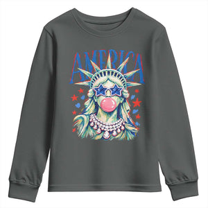 America Statue of Liberty Blowing Bubblegum Youth Sweatshirt Star and Glasses Patriotic Summer Vibes Graphic