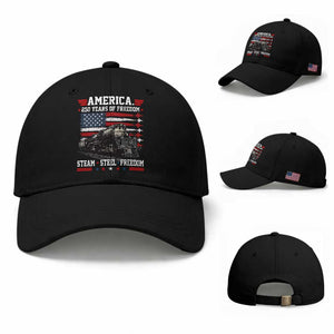Steam Steel Freedom Stainless American Spirit Baseball Cap 250 Years USA Railroad Legend Patriotic Military Jet Flyover Graphic