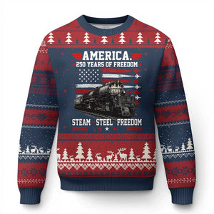 Steam Steel Freedom Stainless American Spirit Ugly Christmas Sweater 250 Years USA Railroad Legend Patriotic Military Jet Flyover Graphic