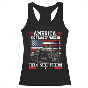 Steam Steel Freedom Stainless American Spirit Racerback Tank Top 250 Years USA Railroad Legend Patriotic Military Jet Flyover Graphic