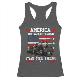 Steam Steel Freedom Stainless American Spirit Racerback Tank Top 250 Years USA Railroad Legend Patriotic Military Jet Flyover Graphic