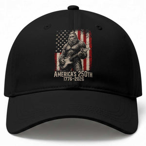 Americas 250th Anniversary 1776-2026 Bigfoot Rock Star Baseball Cap Playing Electric Guitar Distressed American Flag Graphic