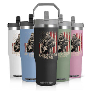 Americas 250th Anniversary 1776-2026 Bigfoot Rock Star Flip Straw Tumbler Playing Electric Guitar Distressed American Flag Graphic