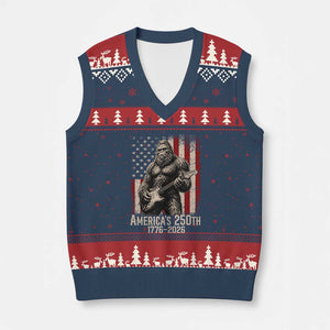 Americas 250th Anniversary 1776-2026 Bigfoot Rock Star V-Neck Knit Sweater Vest Playing Electric Guitar Distressed American Flag Graphic