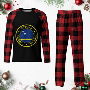 Curaçao Football Pride Circular Crest Vintage Plaid Pajama Set Curacao Flag Soccer Fans Graphic