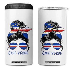Cape Verde Messy Bun Girl Flag Sunglasses Graphic 4 in 1 Can Cooler Tumbler Cabo Verde Women National Pride Gift
