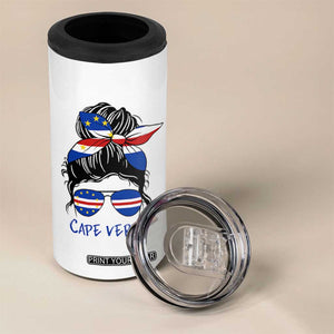Cape Verde Messy Bun Girl Flag Sunglasses Graphic 4 in 1 Can Cooler Tumbler Cabo Verde Women National Pride Gift