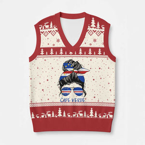 Cape Verde Messy Bun Girl Flag Sunglasses Graphic V-Neck Knit Sweater Vest Cabo Verde Women National Pride Gift