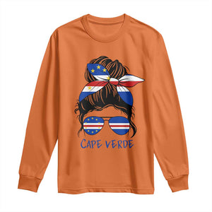 Cape Verde Messy Bun Girl Flag Sunglasses Graphic Long Sleeve Shirt Cabo Verde Women National Pride Gift