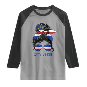 Cape Verde Messy Bun Girl Flag Sunglasses Graphic Raglan Shirt Cabo Verde Women National Pride Gift
