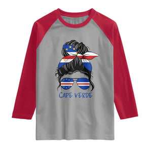 Cape Verde Messy Bun Girl Flag Sunglasses Graphic Raglan Shirt Cabo Verde Women National Pride Gift