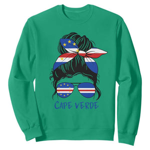 Cape Verde Messy Bun Girl Flag Sunglasses Graphic Sweatshirt Cabo Verde Women National Pride Gift