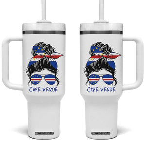 Cape Verde Messy Bun Girl Flag Sunglasses Graphic Tumbler With Handle Cabo Verde Women National Pride Gift