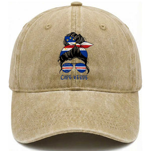 Cape Verde Messy Bun Girl Flag Sunglasses Graphic Washed Cotton Baseball Cap Cabo Verde Women National Pride Gift