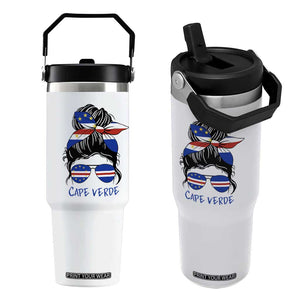 Cape Verde Messy Bun Girl Flag Sunglasses Graphic Flip Straw Tumbler Cabo Verde Women National Pride Gift