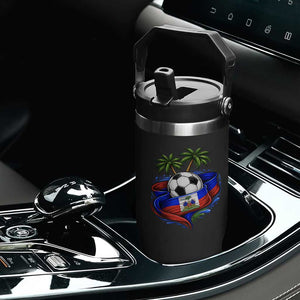 Haitian Flag Soccer Ball Graphic Flip Straw Tumbler Tropical Palm Trees Caribbean Haiti Football Fans Pride