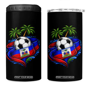 Haitian Flag Soccer Ball Graphic 4 in 1 Can Cooler Tumbler Tropical Palm Trees Caribbean Haiti Football Fans Pride