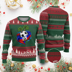 Haitian Flag Soccer Ball Graphic Ugly Christmas Sweater Tropical Palm Trees Caribbean Haiti Football Fans Pride