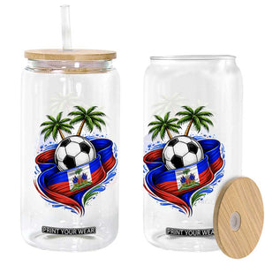 Haitian Flag Soccer Ball Graphic Glass Can Tropical Palm Trees Caribbean Haiti Football Fans Pride