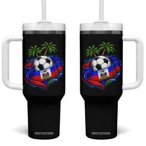 Haitian Flag Soccer Ball Graphic Tumbler With Handle Tropical Palm Trees Caribbean Haiti Football Fans Pride