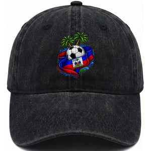 Haitian Flag Soccer Ball Graphic Washed Cotton Baseball Cap Tropical Palm Trees Caribbean Haiti Football Fans Pride