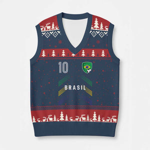 Brasil Number 10 Soccer Shield Graphic Jersey Style V-Neck Knit Sweater Vest Retro Futbol Football Fans Sports Lover