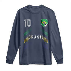 Brasil Number 10 Soccer Shield Graphic Jersey Style Long Sleeve Shirt Retro Futbol Football Fans Sports Lover
