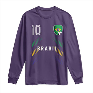 Brasil Number 10 Soccer Shield Graphic Jersey Style Long Sleeve Shirt Retro Futbol Football Fans Sports Lover