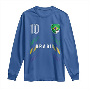 Brasil Number 10 Soccer Shield Graphic Jersey Style Long Sleeve Shirt Retro Futbol Football Fans Sports Lover