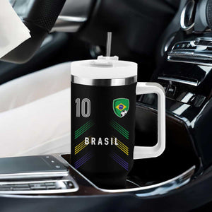 Brasil Number 10 Soccer Shield Graphic Jersey Style Tumbler With Handle Retro Futbol Football Fans Sports Lover