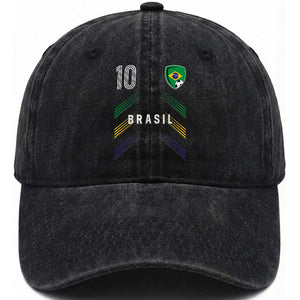 Brasil Number 10 Soccer Shield Graphic Jersey Style Washed Cotton Baseball Cap Retro Futbol Football Fans Sports Lover