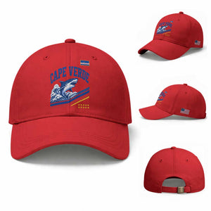 Cape Verde Blue Sharks Ocean Wave Graphic Baseball Cap Cabo Verde Pride Sports Fans TS02 Baseball Cap Universal Fit Red Print Your Wear