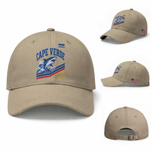 Cape Verde Blue Sharks Ocean Wave Graphic Baseball Cap Cabo Verde Pride Sports Fans TS02 Baseball Cap Universal Fit Khaki Print Your Wear